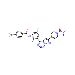 Cc1c(NC(=O)c2ccc(C3CC3)cc2)cc(F)cc1-c1ncnc2[nH]c(C3=CCN(C(=O)N(C)C)CC3)cc12 ZINC000142869508