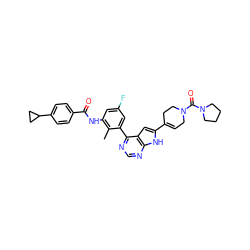 Cc1c(NC(=O)c2ccc(C3CC3)cc2)cc(F)cc1-c1ncnc2[nH]c(C3=CCN(C(=O)N4CCCC4)CC3)cc12 ZINC000142911924