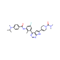 Cc1c(NC(=O)c2ccc(N(C)C(C)C)cc2)cc(F)cc1-c1ncnc2[nH]c(C3=CCN(C(=O)N(C)C)CC3)cc12 ZINC000143196470