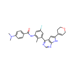 Cc1c(NC(=O)c2ccc(N(C)C)cc2)cc(F)cc1-c1ncnc2[nH]c(C3=CCOCC3)cc12 ZINC000142900587