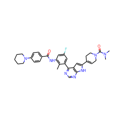 Cc1c(NC(=O)c2ccc(N3CCCCC3)cc2)cc(F)cc1-c1ncnc2[nH]c(C3=CCN(C(=O)N(C)C)CC3)cc12 ZINC000142959029