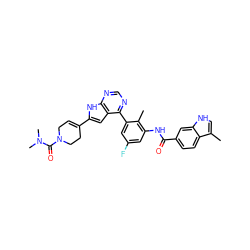 Cc1c(NC(=O)c2ccc3c(C)c[nH]c3c2)cc(F)cc1-c1ncnc2[nH]c(C3=CCN(C(=O)N(C)C)CC3)cc12 ZINC000143189770