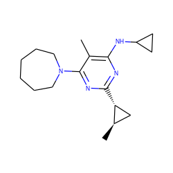 Cc1c(NC2CC2)nc([C@@H]2C[C@H]2C)nc1N1CCCCCC1 ZINC000034802265