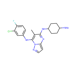 Cc1c(NC2CCC(N)CC2)nc2ccnn2c1Nc1ccc(F)c(Cl)c1 ZINC000003987090