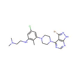 Cc1c(NCCN(C)C)cc(Cl)cc1N1CCN(c2ncnc3[nH]nc(Br)c23)CC1 ZINC000013987191