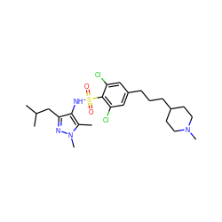 Cc1c(NS(=O)(=O)c2c(Cl)cc(CCCC3CCN(C)CC3)cc2Cl)c(CC(C)C)nn1C ZINC000199933996