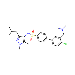 Cc1c(NS(=O)(=O)c2ccc(-c3ccc(Cl)c(CN(C)C)c3)cc2)c(CC(C)C)nn1C ZINC000199936810