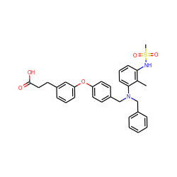 Cc1c(NS(C)(=O)=O)cccc1N(Cc1ccccc1)Cc1ccc(Oc2cccc(CCC(=O)O)c2)cc1 ZINC000028363807