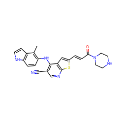 Cc1c(Nc2c(C#N)cnc3sc(/C=C/C(=O)N4CCNCC4)cc23)ccc2[nH]ccc12 ZINC000040404136