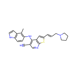 Cc1c(Nc2c(C#N)cnc3sc(/C=C/CN4CCCC4)cc23)ccc2[nH]ccc12 ZINC000040918851