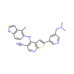 Cc1c(Nc2c(C#N)cnc3sc(-c4cncc(CN(C)C)c4)cc23)ccc2[nH]ccc12 ZINC000040410891