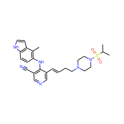 Cc1c(Nc2c(C#N)cncc2/C=C/CCN2CCN(S(=O)(=O)C(C)C)CC2)ccc2[nH]ccc12 ZINC000045387649