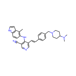 Cc1c(Nc2c(C#N)cncc2/C=C/c2ccc(CN3CCC(N(C)C)CC3)cc2)ccc2[nH]ccc12 ZINC000049052097