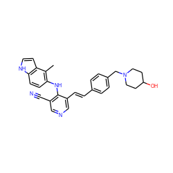 Cc1c(Nc2c(C#N)cncc2/C=C/c2ccc(CN3CCC(O)CC3)cc2)ccc2[nH]ccc12 ZINC000049054606