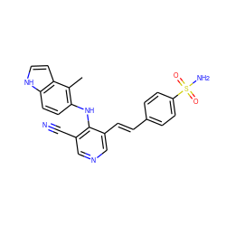 Cc1c(Nc2c(C#N)cncc2/C=C/c2ccc(S(N)(=O)=O)cc2)ccc2[nH]ccc12 ZINC000049792907