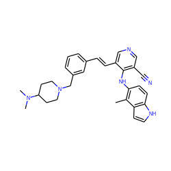 Cc1c(Nc2c(C#N)cncc2/C=C/c2cccc(CN3CCC(N(C)C)CC3)c2)ccc2[nH]ccc12 ZINC000049113174