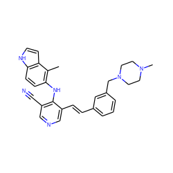 Cc1c(Nc2c(C#N)cncc2/C=C/c2cccc(CN3CCN(C)CC3)c2)ccc2[nH]ccc12 ZINC000049089374