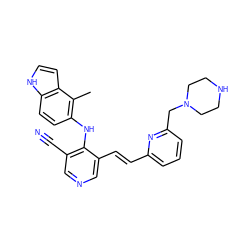 Cc1c(Nc2c(C#N)cncc2/C=C/c2cccc(CN3CCNCC3)n2)ccc2[nH]ccc12 ZINC000049037005