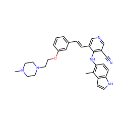 Cc1c(Nc2c(C#N)cncc2/C=C/c2cccc(OCCN3CCN(C)CC3)c2)ccc2[nH]ccc12 ZINC000045244917