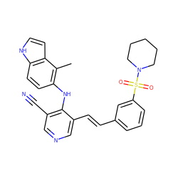 Cc1c(Nc2c(C#N)cncc2/C=C/c2cccc(S(=O)(=O)N3CCCCC3)c2)ccc2[nH]ccc12 ZINC000049033484