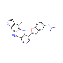 Cc1c(Nc2c(C#N)cncc2-c2cc3cc(CN(C)C)ccc3o2)ccc2[nH]ccc12 ZINC000045284948