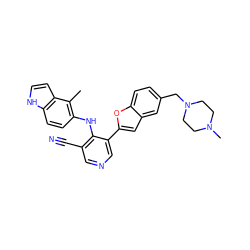 Cc1c(Nc2c(C#N)cncc2-c2cc3cc(CN4CCN(C)CC4)ccc3o2)ccc2[nH]ccc12 ZINC000045288050