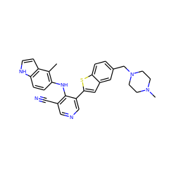 Cc1c(Nc2c(C#N)cncc2-c2cc3cc(CN4CCN(C)CC4)ccc3s2)ccc2[nH]ccc12 ZINC000045255180