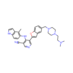 Cc1c(Nc2c(C#N)cncc2-c2cc3cc(CN4CCN(CCN(C)C)CC4)ccc3o2)ccc2[nH]ccc12 ZINC000045258706