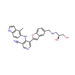 Cc1c(Nc2c(C#N)cncc2-c2cc3cc(CNC[C@H](O)CO)ccc3o2)ccc2[nH]ccc12 ZINC000045324061