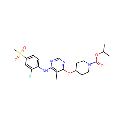 Cc1c(Nc2ccc(S(C)(=O)=O)cc2F)ncnc1OC1CCN(C(=O)OC(C)C)CC1 ZINC000068250104