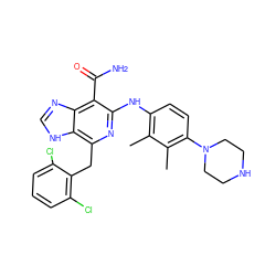 Cc1c(Nc2nc(Cc3c(Cl)cccc3Cl)c3[nH]cnc3c2C(N)=O)ccc(N2CCNCC2)c1C ZINC000200866061