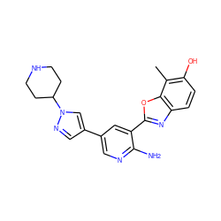 Cc1c(O)ccc2nc(-c3cc(-c4cnn(C5CCNCC5)c4)cnc3N)oc12 ZINC000084652939