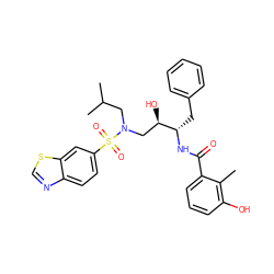 Cc1c(O)cccc1C(=O)N[C@@H](Cc1ccccc1)[C@H](O)CN(CC(C)C)S(=O)(=O)c1ccc2ncsc2c1 ZINC000003626580