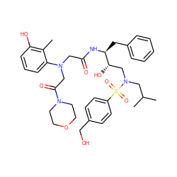 Cc1c(O)cccc1N(CC(=O)N[C@@H](Cc1ccccc1)[C@@H](O)CN(CC(C)C)S(=O)(=O)c1ccc(CO)cc1)CC(=O)N1CCOCC1 ZINC000299863051