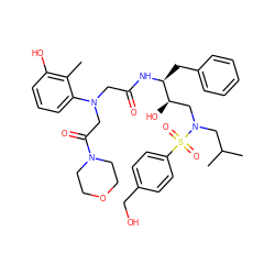 Cc1c(O)cccc1N(CC(=O)N[C@@H](Cc1ccccc1)[C@H](O)CN(CC(C)C)S(=O)(=O)c1ccc(CO)cc1)CC(=O)N1CCOCC1 ZINC000299863050