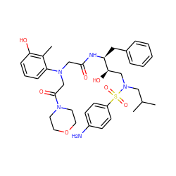 Cc1c(O)cccc1N(CC(=O)N[C@@H](Cc1ccccc1)[C@H](O)CN(CC(C)C)S(=O)(=O)c1ccc(N)cc1)CC(=O)N1CCOCC1 ZINC000299871950