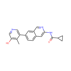 Cc1c(O)cncc1-c1ccc2cc(NC(=O)C3CC3)ncc2c1 ZINC000144299455