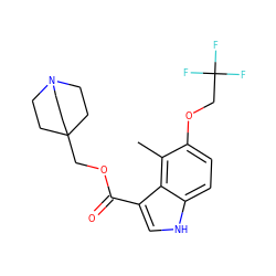 Cc1c(OCC(F)(F)F)ccc2[nH]cc(C(=O)OCC34CCN(CC3)CC4)c12 ZINC001772588332