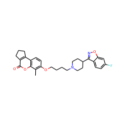 Cc1c(OCCCCN2CCC(c3noc4cc(F)ccc34)CC2)ccc2c3c(c(=O)oc12)CCC3 ZINC000103268630