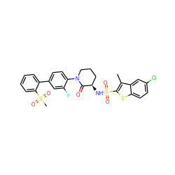 Cc1c(S(=O)(=O)N[C@@H]2CCCN(c3ccc(-c4ccccc4S(C)(=O)=O)cc3F)C2=O)sc2ccc(Cl)cc12 ZINC000029125938