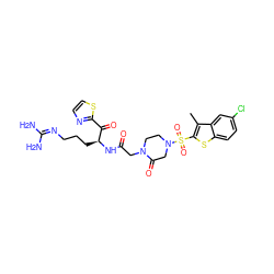 Cc1c(S(=O)(=O)N2CCN(CC(=O)N[C@@H](CCCN=C(N)N)C(=O)c3nccs3)C(=O)C2)sc2ccc(Cl)cc12 ZINC000027768641