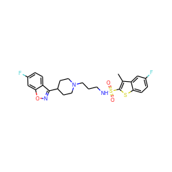 Cc1c(S(=O)(=O)NCCCN2CCC(c3noc4cc(F)ccc34)CC2)sc2ccc(F)cc12 ZINC000114599457