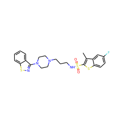 Cc1c(S(=O)(=O)NCCCN2CCN(c3nsc4ccccc34)CC2)sc2ccc(F)cc12 ZINC000114598564