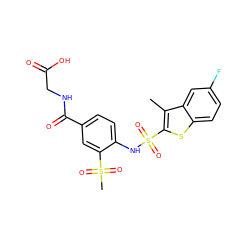 Cc1c(S(=O)(=O)Nc2ccc(C(=O)NCC(=O)O)cc2S(C)(=O)=O)sc2ccc(F)cc12 ZINC000013587580