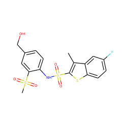 Cc1c(S(=O)(=O)Nc2ccc(CO)cc2S(C)(=O)=O)sc2ccc(F)cc12 ZINC000013587578