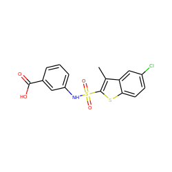 Cc1c(S(=O)(=O)Nc2cccc(C(=O)O)c2)sc2ccc(Cl)cc12 ZINC000114593735