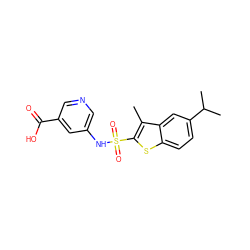 Cc1c(S(=O)(=O)Nc2cncc(C(=O)O)c2)sc2ccc(C(C)C)cc12 ZINC000114595110