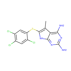 Cc1c(Sc2cc(Cl)c(Cl)cc2Cl)[nH]c2nc(N)nc(N)c12 ZINC000045358278