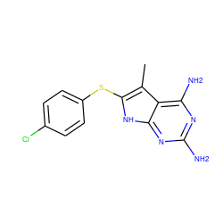 Cc1c(Sc2ccc(Cl)cc2)[nH]c2nc(N)nc(N)c12 ZINC000013580844