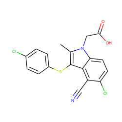 Cc1c(Sc2ccc(Cl)cc2)c2c(C#N)c(Cl)ccc2n1CC(=O)O ZINC000073162763